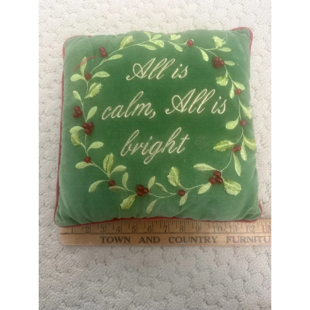 Christmas Velvet Throw Pillow All Is Calm All Is Bright Green Red Beaded 12x12
